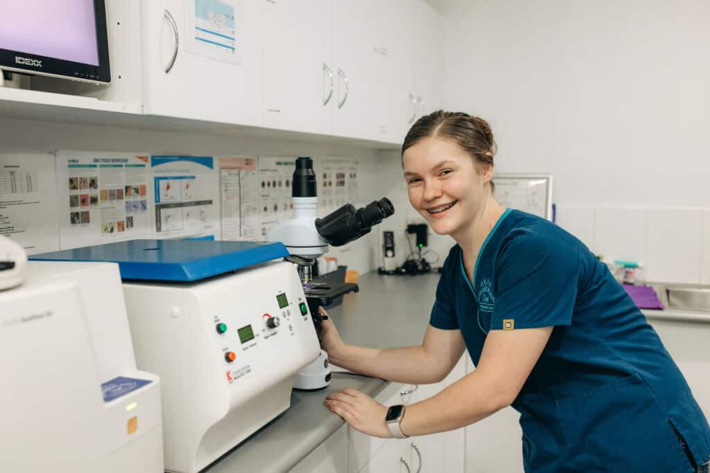 A young woman in a laboratory, examining specimens through a microscope in the clinic room
