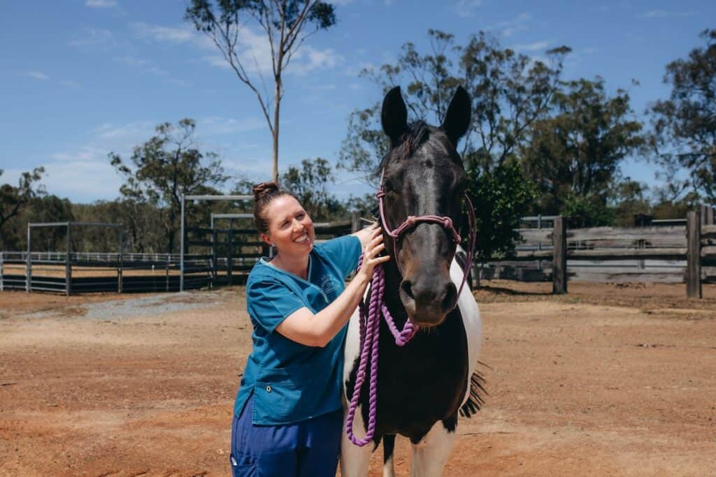 A person in blue scrubs, likely from Chamberlain Road Vet, stands smiling next to a black and white horse